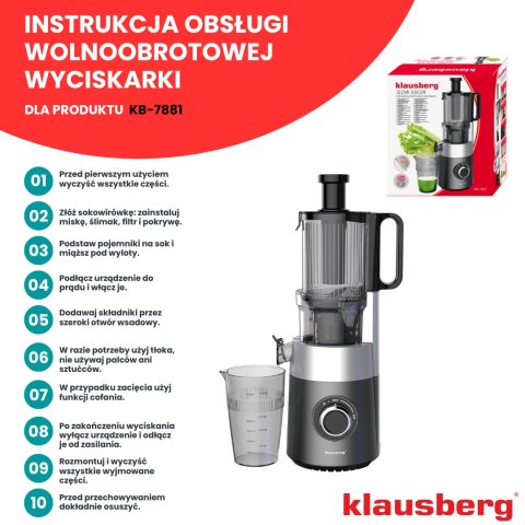 Wyciskarka wolnoobrotowa do owoców i warzyw, pionowa, szara, 180w, klausberg, kb-7881 Klausberg