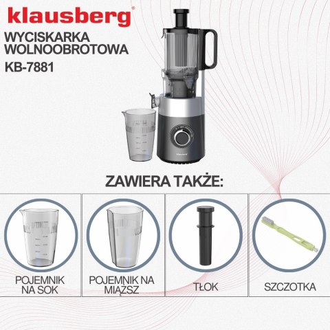 Wyciskarka wolnoobrotowa do owoców i warzyw, pionowa, szara, 180w, klausberg, kb-7881 Klausberg