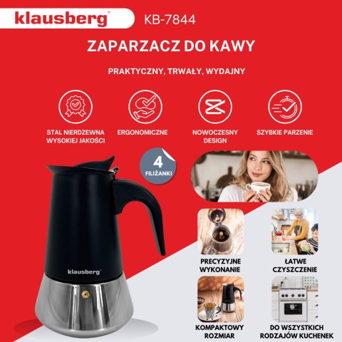 Zaparzacz do kawy espresso, stal nierdzewna, 4 filiżanki, czarny/srebrny, klausberg, kb-7844 Klausberg