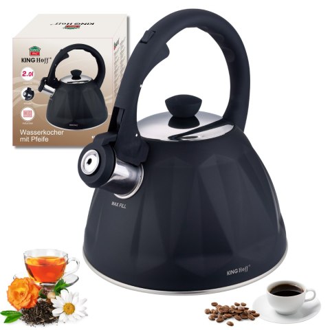 Czajnik ze stali nierdzewnej z gwizdkiem, czarny, pojemność 2,0l, kinghoff KINGHoff