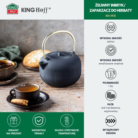 Imbryk żeliwny z sitkiem, emaliowane wnętrze, 1l, czarny ze złotym uchwytem, kinghoff, kh-1931 KINGHoff