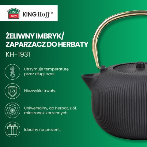 Imbryk żeliwny z sitkiem, emaliowane wnętrze, 1l, czarny ze złotym uchwytem, kinghoff, kh-1931 KINGHoff