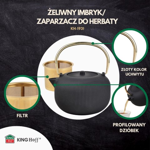 Imbryk żeliwny z sitkiem, emaliowane wnętrze, 1l, czarny ze złotym uchwytem, kinghoff, kh-1931 KINGHoff