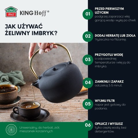 Imbryk żeliwny z sitkiem, emaliowane wnętrze, 1l, czarny ze złotym uchwytem, kinghoff, kh-1931 KINGHoff
