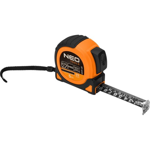 Miara zwijana stalowa Super Black 5 m x 25 mm, auto blokada, dwa przyciski stop, magnes NEO TOOLS