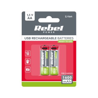 Akumulatorki REBEL AA, 1600 mAh, Li-ion,1,5V, 2szt/bl , R6 , gniazdo typ C Rebel