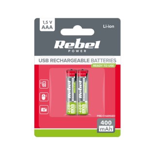Akumulatorki REBEL AAA,400 mAh, Li-ion, 1,5V, 2szt/bl, R3, gniazdo typ C Rebel