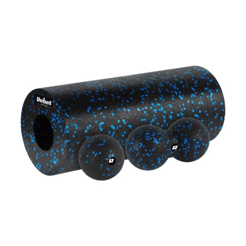 Zestaw wałek do masażu, roller, piłka, duoball , 3 elementy, kolor czarno-niebieski, materiał EPP, REBEL ACTIVE Rebel
