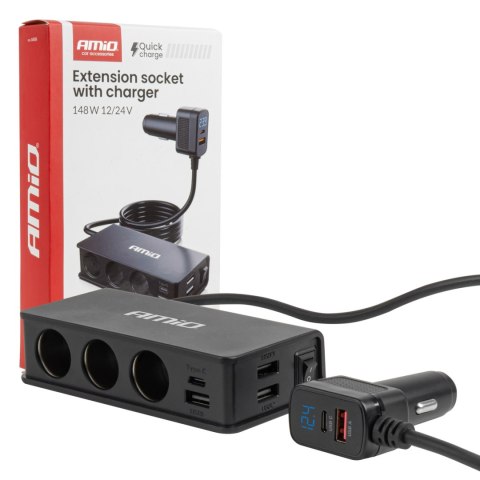 Rozdzielacz gniazda zapalniczki z ładowarką 3xusb-a usb-c qc 3.0 pd 3.0. 148w amio-04836 AMiO