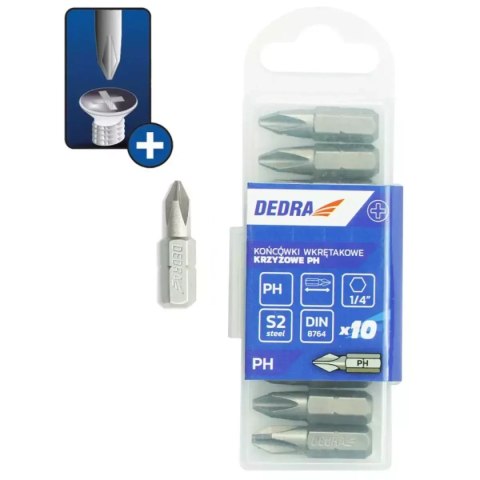Końcówki wkrętakowe phillips ph0x25mm, 10szt pudełko plast Dedra