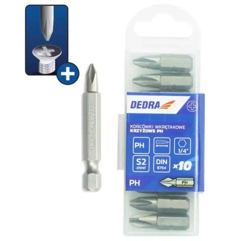 Końcówki wkrętakowe phillips ph2x50mm, 10szt pudełko plast Dedra