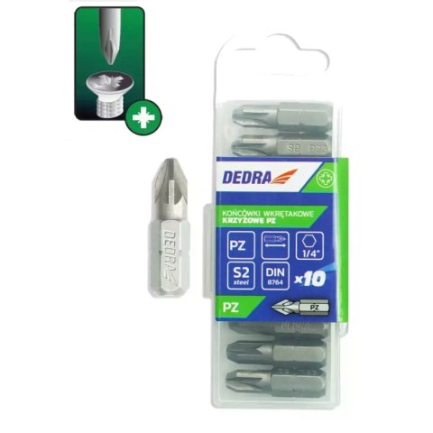 Końcówki wkrętakowe pozidriv pz2x25mm, 10szt pudełko plast Dedra
