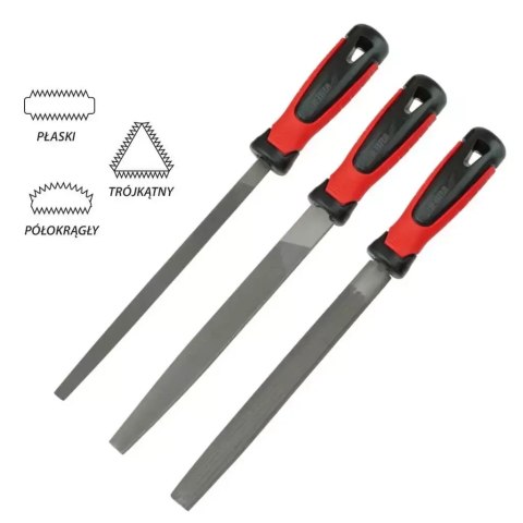 Zestaw pilników do metalu 200mm 3szt płaski, półokr, okrągły Dedra
