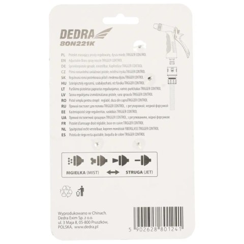 Pistolet zraszający prosty reg.dysza mosięż trigger control Dedra