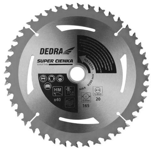 Piła tarczowa super thin do drewna 24z 165x20x1,1x1,6mm Dedra