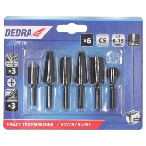Frezy trzpieniowe do metalu i drewna 6szt zestaw, trzpień 6mm Dedra