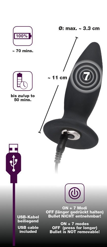 Korek analny wibrujący Black Velvets silikonowy USB 11 cm