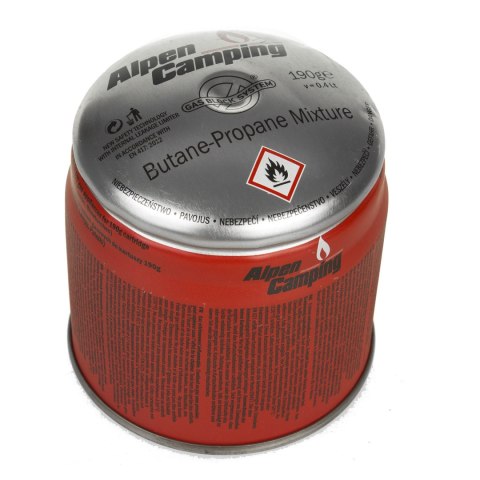 Kartusz gazowy 190G IK006 Alpen Camping. certyfikat: Pi 0437, zgodny z normą EN417, propan-butan, zakres -10°c do+ 40°c, system INKO-TIME