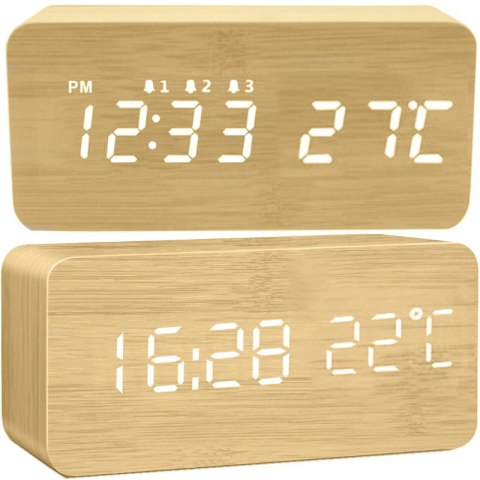 Budzik zegar termometr elektroniczny zegarek alarm - drewniany e291 RTO