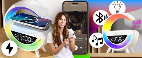 Lampka nocna led rgb ładowarka indukcyjna bluetooth zegar radio głośnik RTO