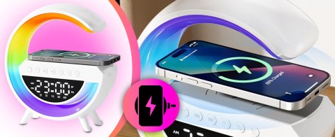 Lampka nocna led rgb ładowarka indukcyjna bluetooth zegar radio głośnik RTO