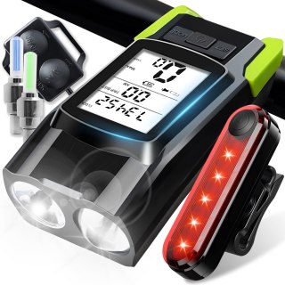 Latarka rowerowa lampka wentyl led+licznik+klakson dzwonek przód tył led RTO