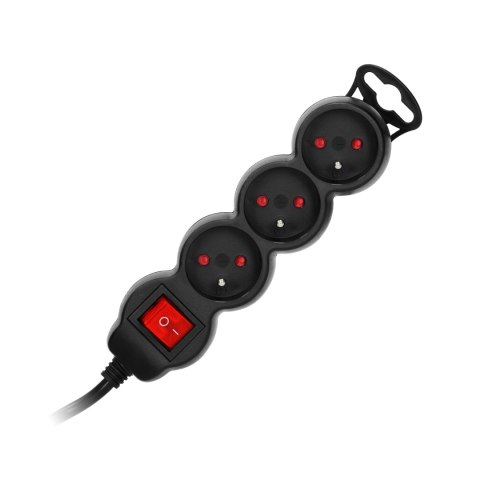 Przedłużacz 3-krotny 2P+Z, z wyłącznikiem, 5m H05VV-F 3x1,5mm2, Imax=16A, płaska wtyczka, czarny Orno