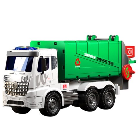 Duża Śmieciarka Funkcja Podnoszenia 2 Kosze Światła Dźwięki Zielona 1:10 LEAN TOYS