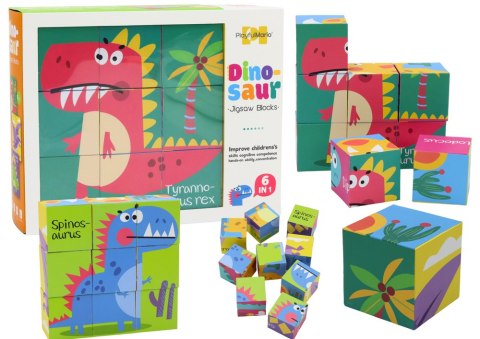 Edukacyjne Puzzle 6w1 Klocki Układanka Kostki 6 Obrazków Dinozaury 9 El. LEAN TOYS