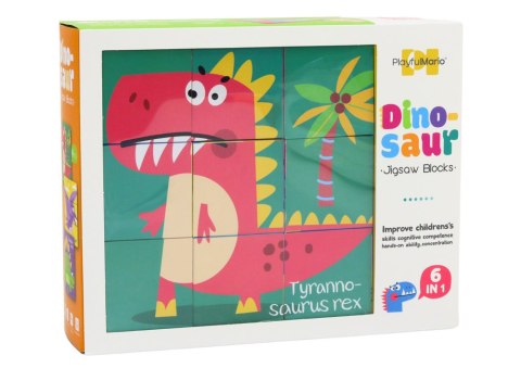 Edukacyjne Puzzle 6w1 Klocki Układanka Kostki 6 Obrazków Dinozaury 9 El. LEAN TOYS