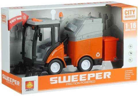 Pojazd Miejski Zamiatarka Uliczna Kosz Światła Dźwięki Pomarańczowa 1:16 LEAN TOYS