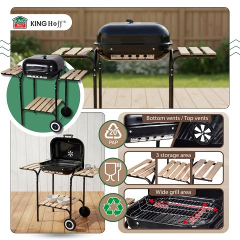 Grill ogrodowy, węglowy, z pokrywą, z półkami i kółkami KINGHoff