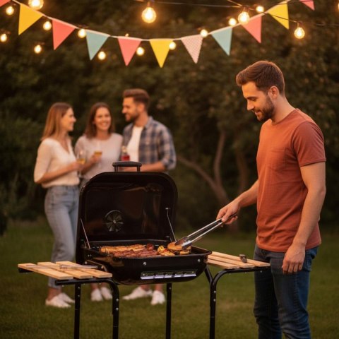 Grill ogrodowy, węglowy, z pokrywą, z półkami i kółkami KINGHoff