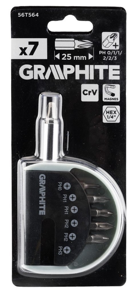 Zestaw końcówek wkrętakowych PH0, PH1x2, PH2x2, PH3 z uchwytem, 7 szt. GRAPHITE