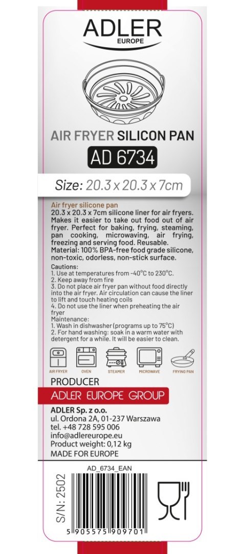 AD 6734 Tacka silikonowa do frytkownicy powietrznej | okrągła | 20,3 cm | wielokrotnego użytku | silikon spożywczy bpa free ADLER