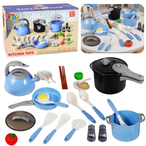 Zestaw Naczyń Kuchennych Garnki Patelnia Czajnik Akcesoria Niebieskie 32el. LEAN TOYS