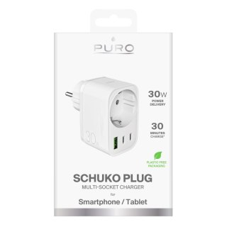 Ładowarka sieciowa z wtyczką gniazdem Schuko USB-C USB-A 30W Power Delivery - biała