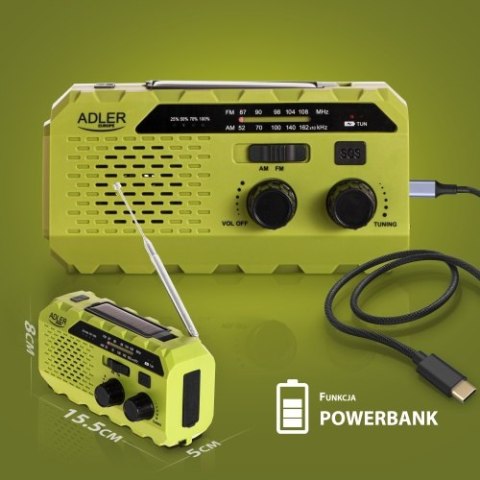 AD 1197 Green Radio solarne z korbką ręczną ADLER