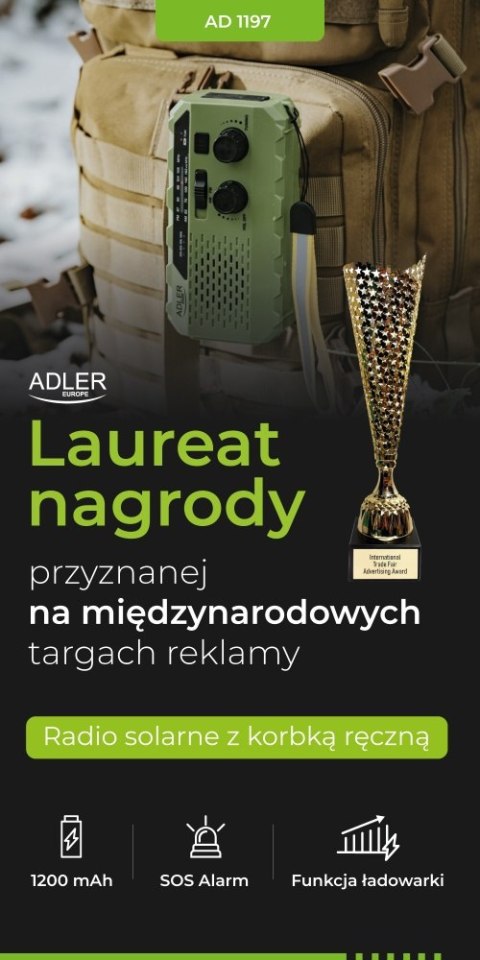 AD 1197 Green Radio solarne z korbką ręczną ADLER