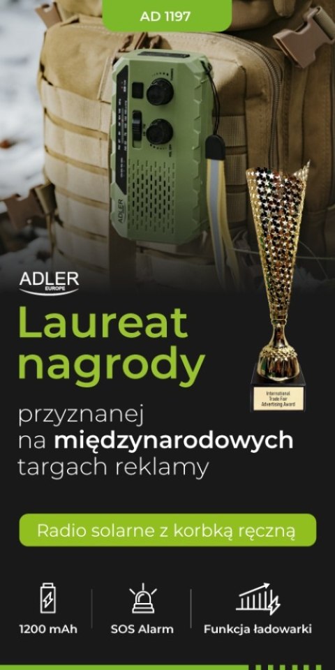 AD 1197 Green Radio solarne z korbką ręczną ADLER