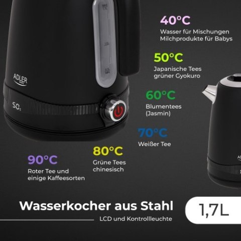 AD 1295 black Czajnik metalowy 1,7l z lcd & regulacją temperatury ADLER