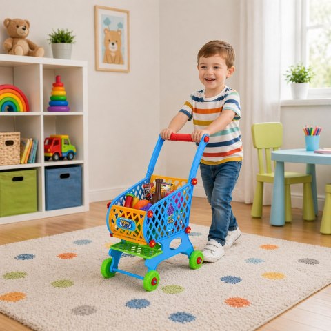 Duży Wózek Sklepowy Dla Dzieci Produkty Spożywcze Niebieski 52cm 46 el. LEAN TOYS