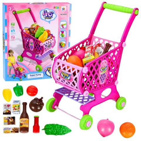 Duży Wózek Sklepowy Dla Dzieci Produkty Spożywcze Różowy 52cm 46 el. LEAN TOYS
