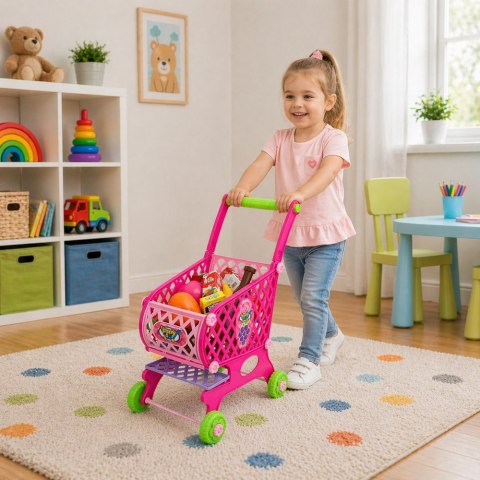 Duży Wózek Sklepowy Dla Dzieci Produkty Spożywcze Różowy 52cm 46 el. LEAN TOYS