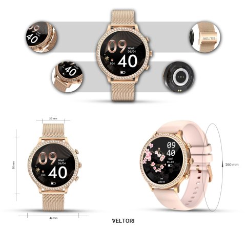 VELTORI Smartwatch Damski VELTORI VT310-1 Złota Bransoleta + Różowy Pasek Silikonowy