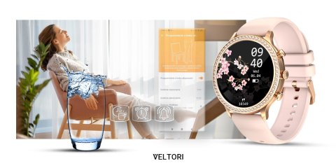 VELTORI Smartwatch Damski VELTORI VT310-1 Złota Bransoleta + Różowy Pasek Silikonowy
