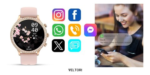 VELTORI Smartwatch Damski VELTORI VT310-1 Złota Bransoleta + Różowy Pasek Silikonowy