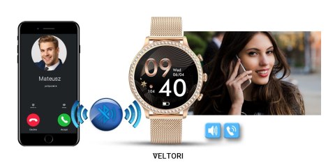 VELTORI Smartwatch Damski VELTORI VT310-1 Złota Bransoleta + Różowy Pasek Silikonowy