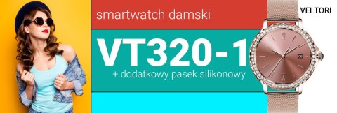 VELTORI Smartwatch Damski VELTORI VT320-1 Złota Bransoleta + Różowy Pasek Silikonowy