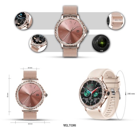 VELTORI Smartwatch Damski VELTORI VT320-1 Złota Bransoleta + Różowy Pasek Silikonowy